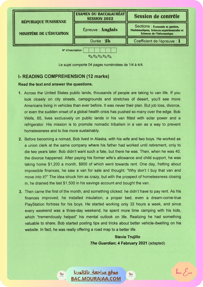 Sujet controle anglais Bac 2022 – Section eco